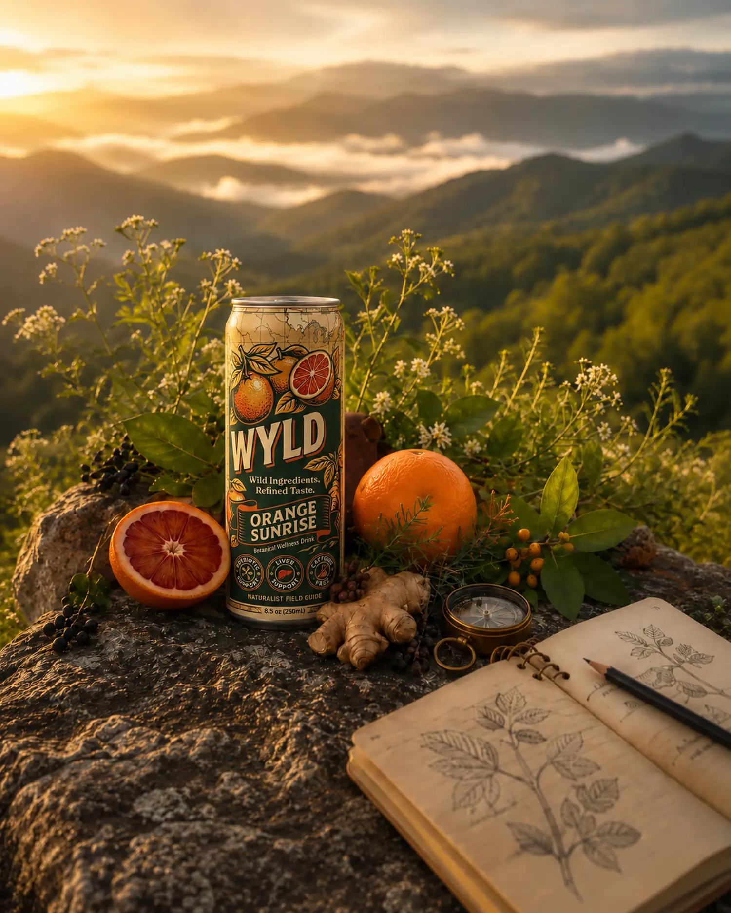 A can of WYLD on a ridge at sunrise beside oranges, ginger and a field notebook