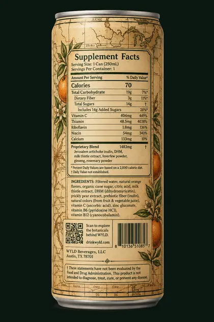 The WYLD supplement facts panel, printed on the back of the can