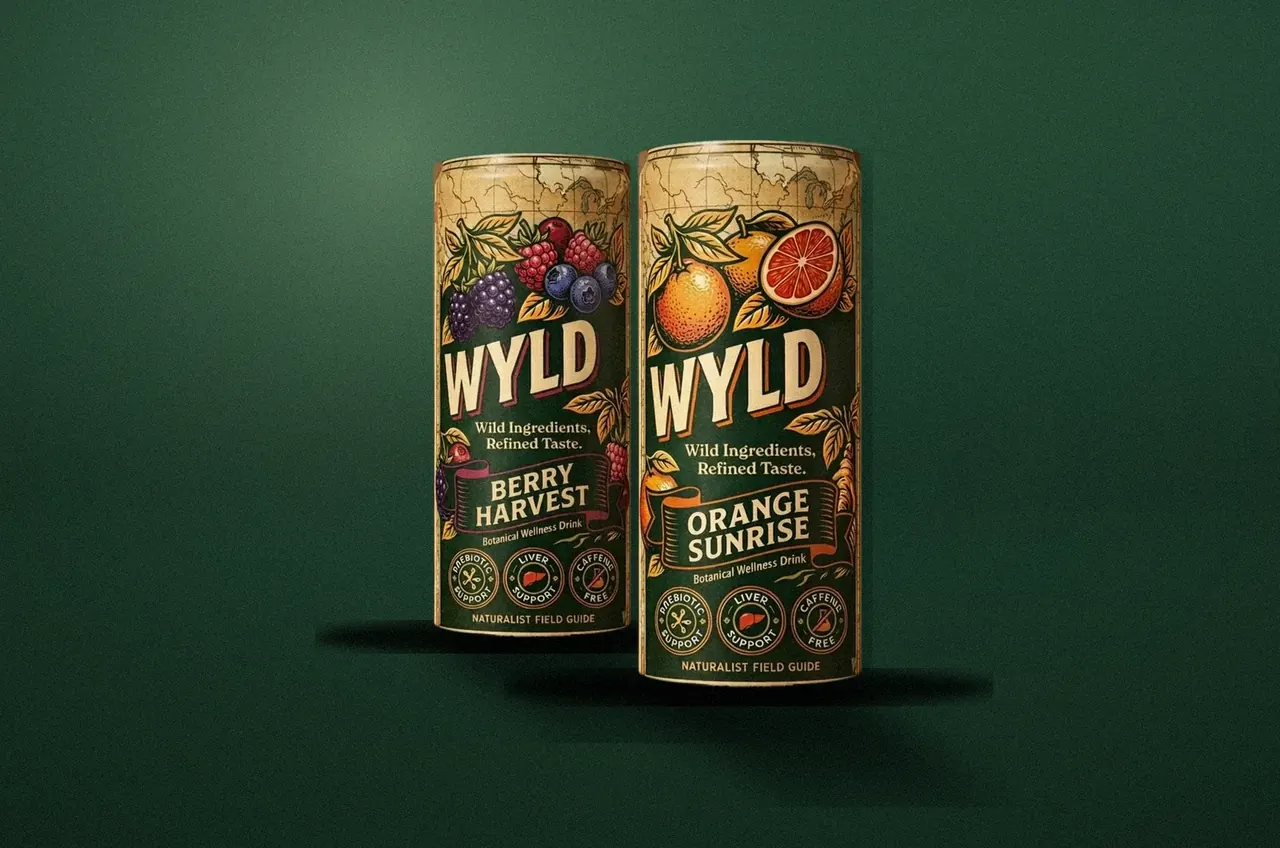 Cans of WYLD Berry Harvest and Orange Sunrise on a green studio backdrop