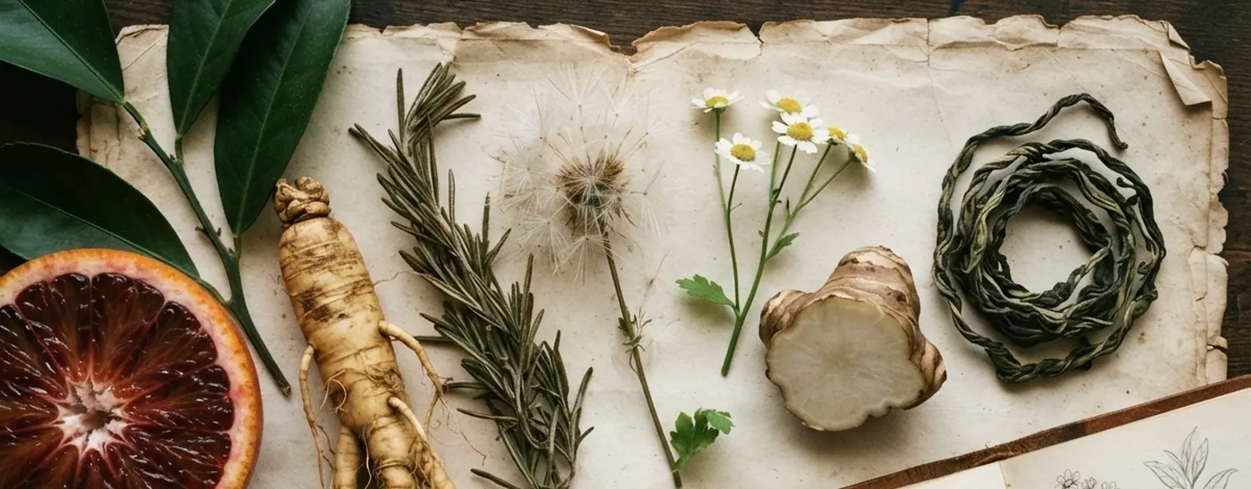 The six WYLD botanicals laid out as specimens on aged parchment